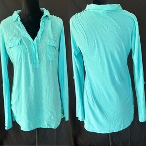 SPLENDID BRIGHT TURQUOISE BLUE LONG SLEEVE POCKET FRONT V NECK BLOUSE MEDIUM
